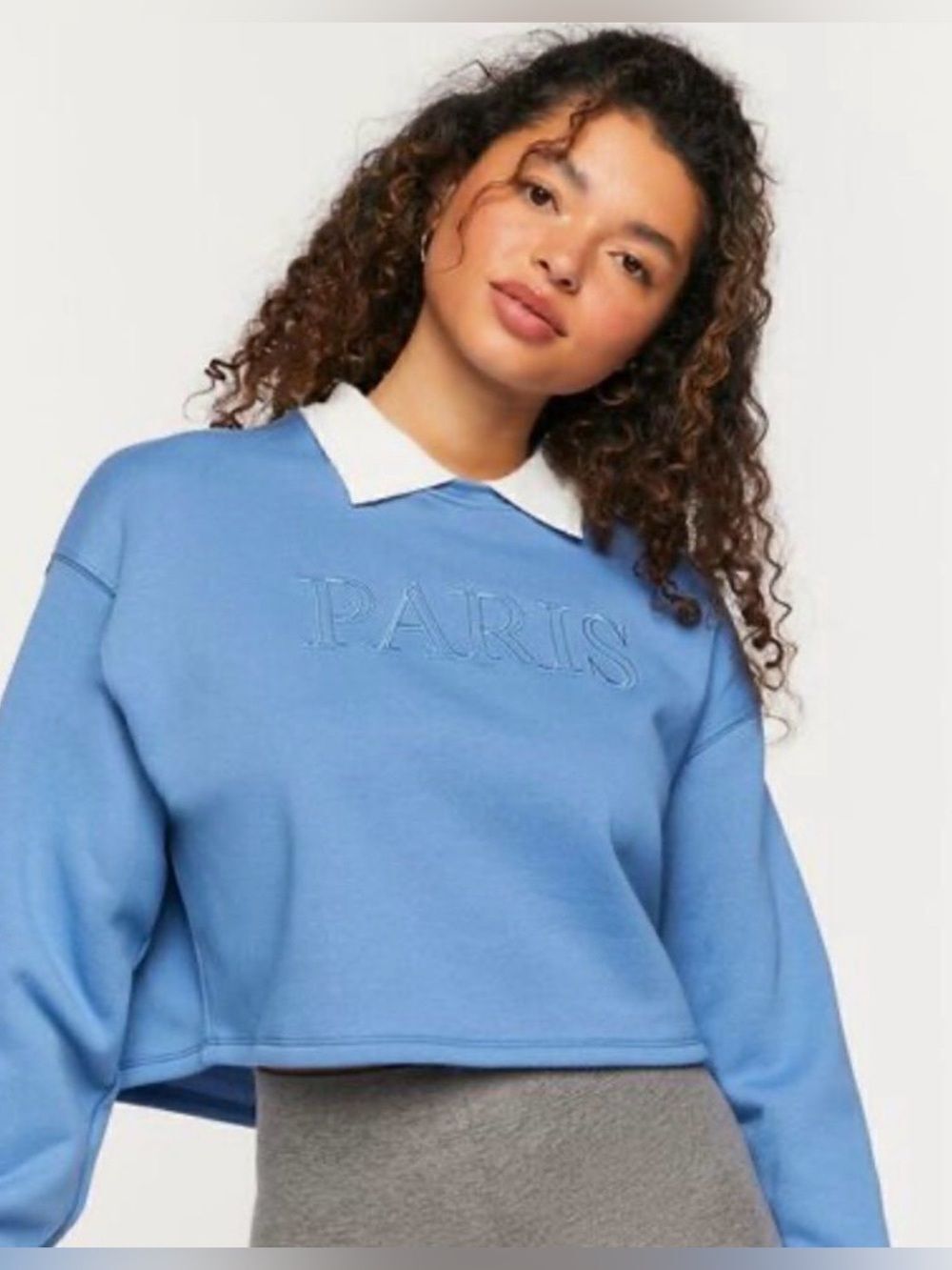 F21 S Light Blue White Collared PARIS Graphic Cropped Fleece Pullover